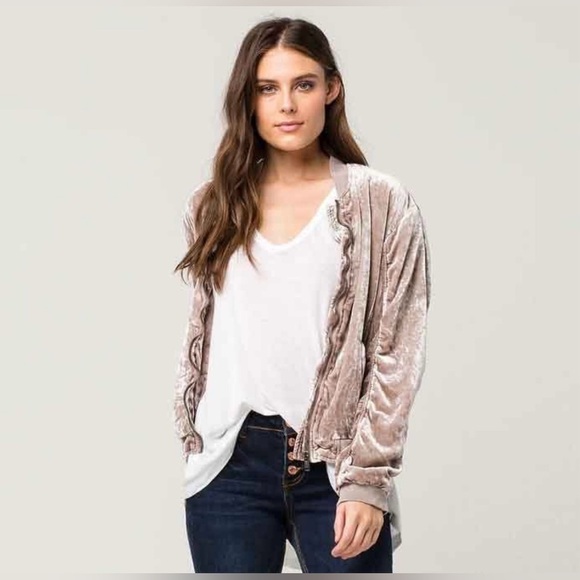Free People Crushed Velvet Jacket Bomber Jacket Ruched Beige Tan Taupe XS - Picture 5 of 16